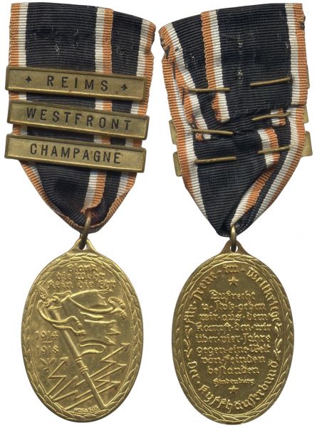 Kyffhäuserbund-Denkmünze für 1914/18 mit Gefechtsspangen "REIMS", "WESTFRONT" & "CHAMPAGNE"