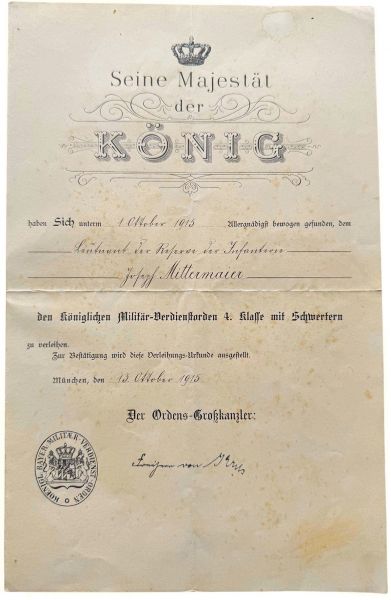 Verleihungsurkunde zum Bayern, Militär-Verdienstorden 4. Klasse mit Schwertern