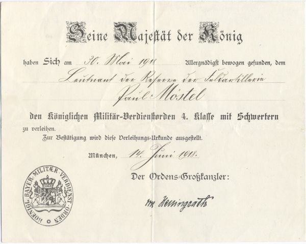 Verleihungsurkunde zum Bayern, Militär-Verdienstorden 4. Klasse mit Schwertern