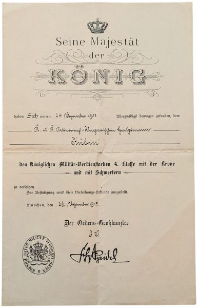 Verleihungsurkunde zum Bayern, Militär-Verdienstorden 4. Klasse mit Krone & Schwertern