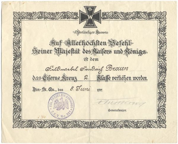 Urkundengruppe des Offizierstellvertreters Friedrich Braun