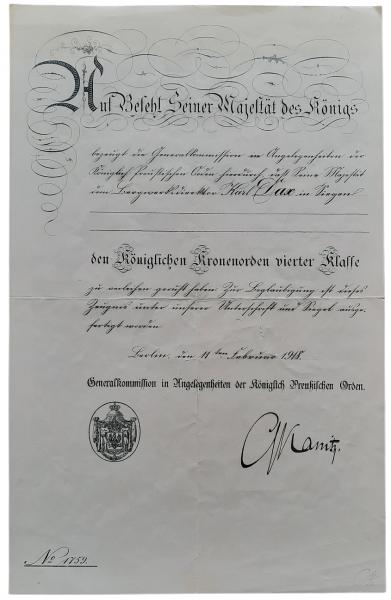 Verleihungsurkunde zum Preußen, Kronenorden 4. Klasse